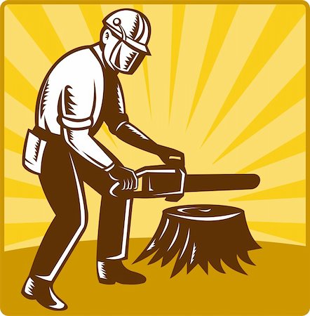 illustration of an arborist tree surgeon with chainsaw cutting tree stump done in retro style set inside square Stock Photo - Budget Royalty-Free & Subscription, Code: 400-05937011