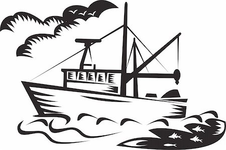 fishing boat at sea illustration - illustration of a commercial fishing boat ship on sea with clouds and fish done in retro woodcut style black and white Stock Photo - Budget Royalty-Free & Subscription, Code: 400-05937077