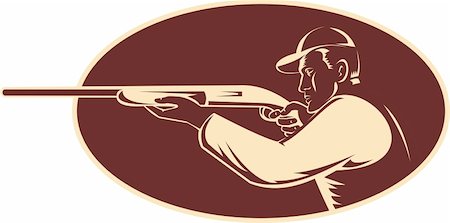 schütze (waffenschütze) - illustration of a hunter shooting aiming shotgun rifle viewed from side woodcut set inside oval Stockbilder - Microstock & Abonnement, Bildnummer: 400-05937087
