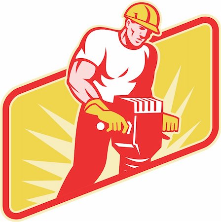 pressluftbohrer - Illustration of a construction worker at work operating a jackhammer facing front with sunburst in the background on isolated white background. Stockbilder - Microstock & Abonnement, Bildnummer: 400-05937089