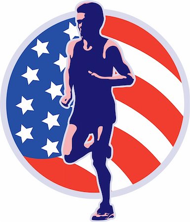 simsearch:400-08629212,k - illustration of a marathon runner running jogging with American stars and stripes flag set inside circle on isolated white background done in retro style Fotografie stock - Microstock e Abbonamento, Codice: 400-05937096