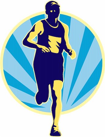 simsearch:400-08629212,k - illustration of a marathon runner running jogging with sunburst on isolated white background done in retro style Fotografie stock - Microstock e Abbonamento, Codice: 400-05937100