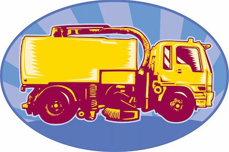 illustration of a street cleaner sweeper truck viewed side view done in retro style set inside an ellipse with sunburst. Foto de stock - Super Valor sin royalties y Suscripción, Código: 400-05937146
