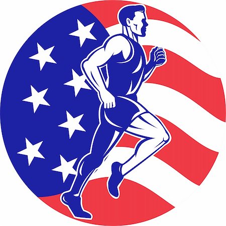 simsearch:400-08629212,k - illustration of a illustration of a male Marathon road runner jogger fitness training road running with American flag stars and stripes in background inside circle Fotografie stock - Microstock e Abbonamento, Codice: 400-05937140