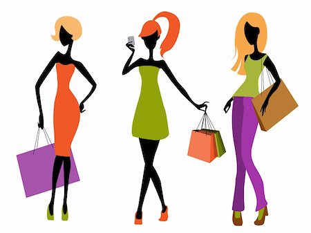 Vector illustration of a three young girls shopping Stock Photo - Budget Royalty-Free & Subscription, Code: 400-05938215