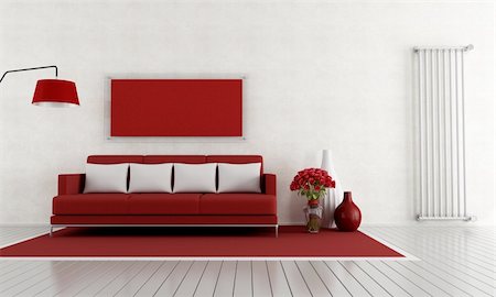 modern red and with lounge with couch and vertical radiator - rendering Stock Photo - Budget Royalty-Free & Subscription, Code: 400-05939158