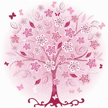 simsearch:400-04239996,k - Decorative pink spring tree with flowers, leaves and butterflies (vector EPS 10) Photographie de stock - Aubaine LD & Abonnement, Code: 400-05939252