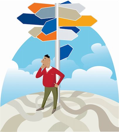 Vector illustration of a man looking for direction at signpost Stock Photo - Budget Royalty-Free & Subscription, Code: 400-05939253