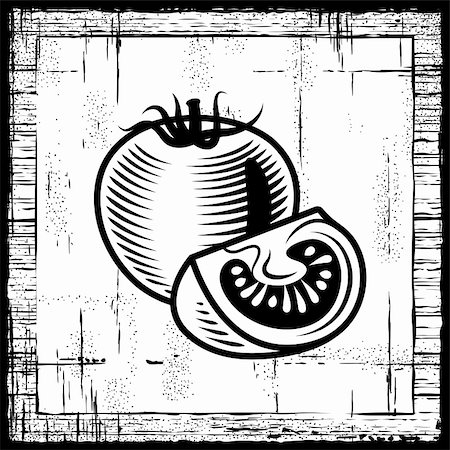 food antique illustrations - Retro tomato with a slice on wooden background. Black and white vector illustration in woodcut style. Stock Photo - Budget Royalty-Free & Subscription, Code: 400-05939303