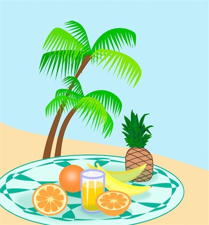 fresh juice and fruits graphics - A table with fruit, a glass of     juice, and two palm trees in the     background. Stock Photo - Budget Royalty-Free & Subscription, Code: 400-05939337
