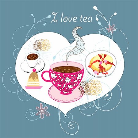 dessert to sketch - graphics card with tea and cakes on blue decorative background Stock Photo - Budget Royalty-Free & Subscription, Code: 400-05939427