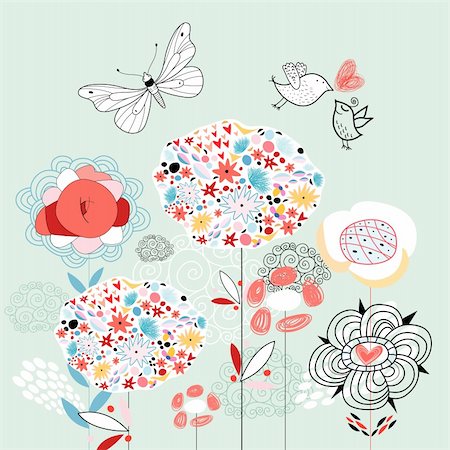 simsearch:400-06100097,k - Bright beautiful floral postcard with butterflies and birds on a light blue background Stock Photo - Budget Royalty-Free & Subscription, Code: 400-05939428