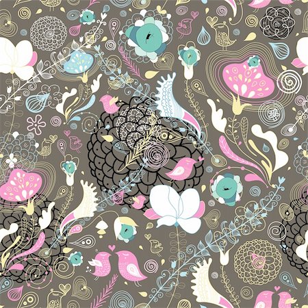 simsearch:400-05755345,k - Light seamless floral pattern with birds in love on a brown background Stock Photo - Budget Royalty-Free & Subscription, Code: 400-05939488
