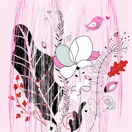 drawing designs for greeting card - Flower graphics card with a bird, and black leaves on a pink Stock Photo - Budget Royalty-Free & Subscription, Code: 400-05931619