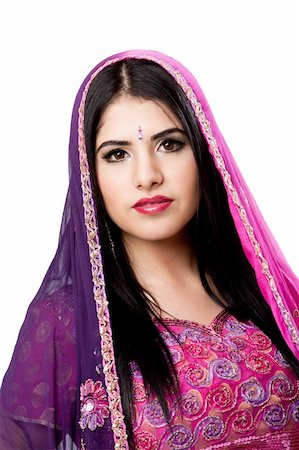 Face of beautiful Bengali Indian Hindu woman in colorful dress and veil, isolated Stock Photo - Budget Royalty-Free & Subscription, Code: 400-05932513