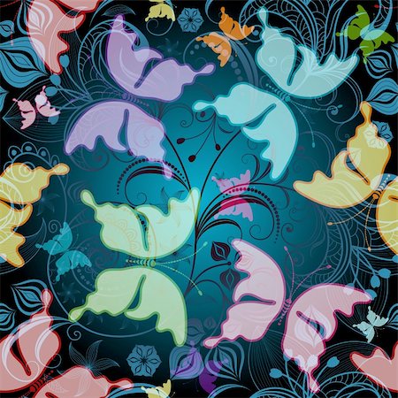 simsearch:400-05890035,k - Seamless dark floral pattern with transparent flowers and butterflies (vector EPS 10) Foto de stock - Super Valor sin royalties y Suscripción, Código: 400-05933152