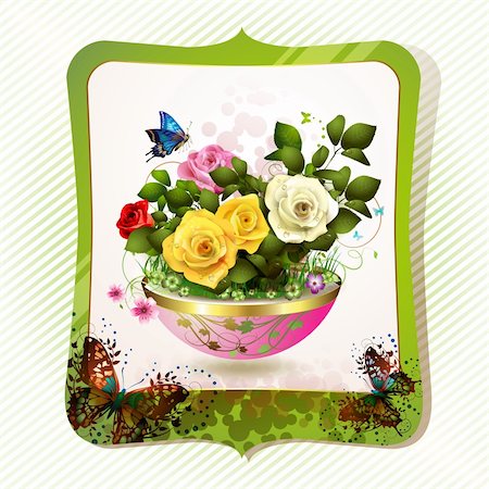 rose butterfly illustration - Flowerpot with roses, hearts and butterflies Stock Photo - Budget Royalty-Free & Subscription, Code: 400-05946549