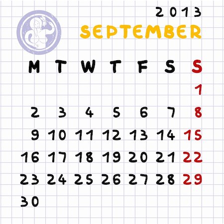 2013 monthly calendar September with Virgo zodiac sign stamp Foto de stock - Super Valor sin royalties y Suscripción, Código: 400-05946726