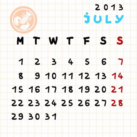 2013 monthly calendar July with Cancer zodiac sign stamp Photographie de stock - Aubaine LD & Abonnement, Code: 400-05946720