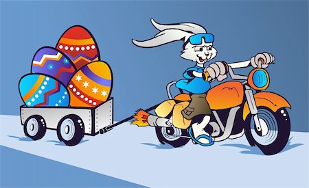 Cartoon rabbit mounted on a motorcycle transporting huge Easter eggs on blue background.  Vector file Layered for easy manipulation and custom coloring. Photographie de stock - Aubaine LD & Abonnement, Code: 400-05946885