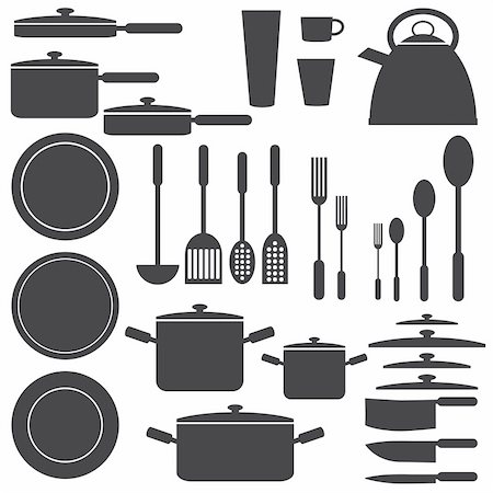 Set of kitchen utensils in white and black colours. Also available as a Vector in Adobe illustrator EPS 8 format, compressed in a zip file. Stock Photo - Budget Royalty-Free & Subscription, Code: 400-05943597