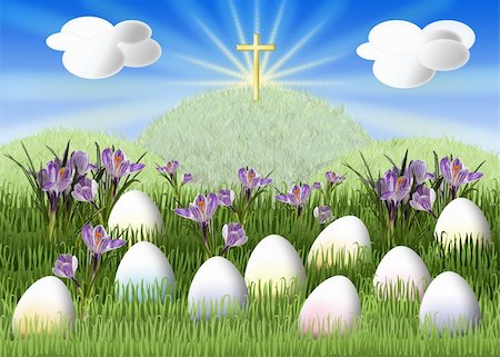 Meadow with colorful egg and a cross on a hill Foto de stock - Royalty-Free Super Valor e Assinatura, Número: 400-06064321