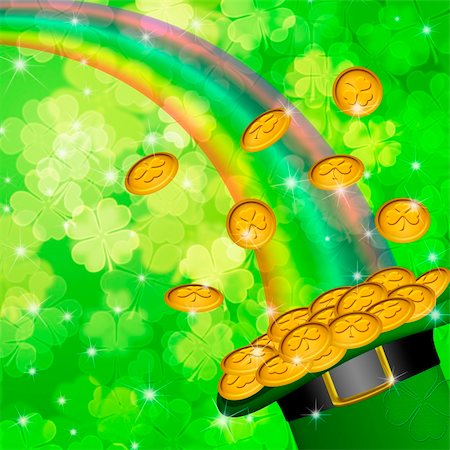 simsearch:400-08502521,k - Pot of Gold and Rainbow Over Lucky Irish Shamrock Four-Leaf Clover Blurred Background Illustration Foto de stock - Super Valor sin royalties y Suscripción, Código: 400-06064468