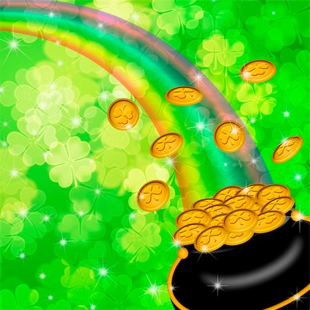 simsearch:400-08502521,k - Pot of Gold and Rainbow Over Lucky Irish Shamrock Four-Leaf Clover Blurred Background Illustration Foto de stock - Super Valor sin royalties y Suscripción, Código: 400-06064469