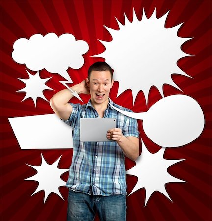 speech bubble with someone thinking - Man with speech bubble, have got an Idea, with touch pad Stock Photo - Budget Royalty-Free & Subscription, Code: 400-06064600