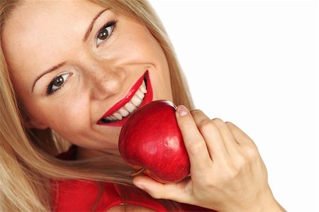 woman eat red apple on white background Stock Photo - Budget Royalty-Free & Subscription, Code: 400-06064815