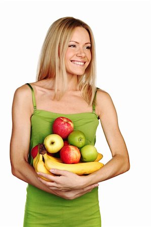 pretty women eating banana - woman holds a pile of fruit on a white background Stock Photo - Budget Royalty-Free & Subscription, Code: 400-06064820