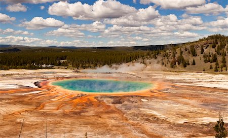 The Grand Prismatic Spring in Yellowstone National Park is the third largest hot spring in the world. With patterns of algae radiating from the dark blue pool, it is a colorful view. Stock Photo - Budget Royalty-Free & Subscription, Code: 400-06065202