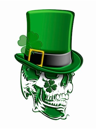 simsearch:400-08502521,k - St Patricks Day Green Skull with Leprechaun Hat with Shamrocks Isolated on White Background Illustration Foto de stock - Super Valor sin royalties y Suscripción, Código: 400-06065258