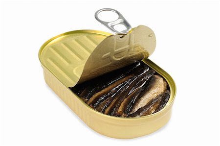 Opened metal can  with  fish. Isolated on white. Foto de stock - Super Valor sin royalties y Suscripción, Código: 400-06065457