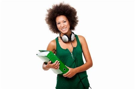 Beautiful young female student with headphones and holding a folder, isolated on white background Stock Photo - Budget Royalty-Free & Subscription, Code: 400-06065832