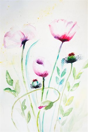 simsearch:400-07217139,k - Watercolor pink poppy flowers Photographie de stock - Aubaine LD & Abonnement, Code: 400-06066131