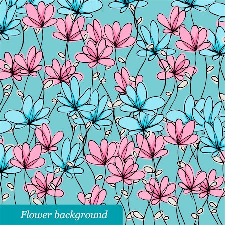 forest cartoon illustration - Floral pattern with blue and pink flowers Foto de stock - Super Valor sin royalties y Suscripción, Código: 400-06066242