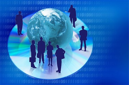 Compact disk with globe and business people silhouettes in blue colors. Stock Photo - Budget Royalty-Free & Subscription, Code: 400-06066404