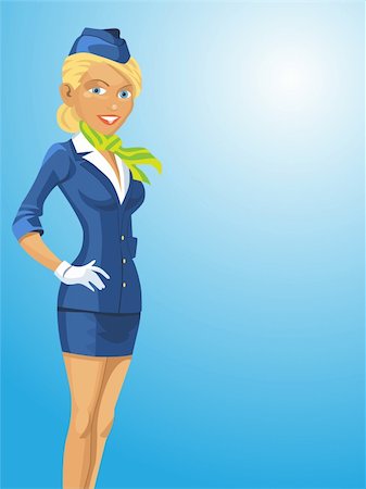 Vector illustration of a beautiful blonde stewardess on blue background with room for your text Stock Photo - Budget Royalty-Free & Subscription, Code: 400-06066740
