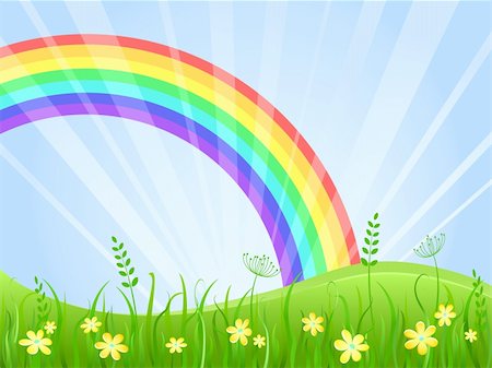 Summer Green Meadow with Yellow flowers. Landscape with Rainbow. Vector illustration. Stock Photo - Budget Royalty-Free & Subscription, Code: 400-06066836