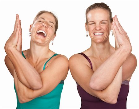 simsearch:400-07167932,k - Two laughing women performing entwined namaskar over white background Foto de stock - Super Valor sin royalties y Suscripción, Código: 400-06066854