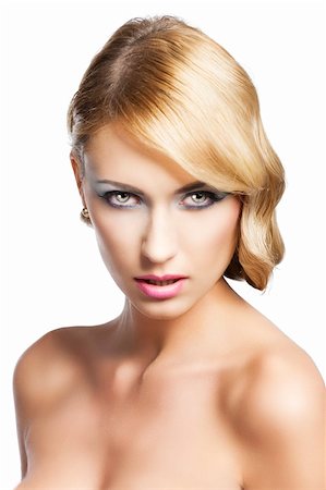 simsearch:400-04420197,k - blond beautiful woman with strong make up and an old fashion hair stylish in beauty portrait close up. She looks in to the lens with actractive expression and her mouth is slightly open Foto de stock - Super Valor sin royalties y Suscripción, Código: 400-06067009