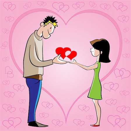The young man and the woman give each other the hearts.   The background pink, is a gradient, layers separate. Photographie de stock - Aubaine LD & Abonnement, Code: 400-06067440