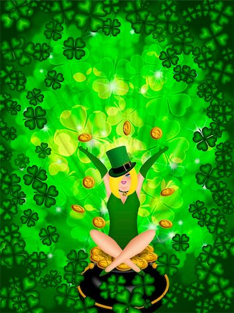 simsearch:400-08502521,k - St Patricks Day Girl Leprechaun on Four Leaf Clover Shamrock with Blurred Background Foto de stock - Super Valor sin royalties y Suscripción, Código: 400-06067720
