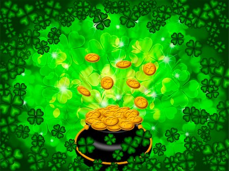 St Patricks Day Pot of Gold on Four Leaf Clover Shamrock with Blurred Background Stock Photo - Budget Royalty-Free & Subscription, Code: 400-06067721