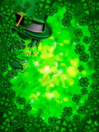 St Patricks Day Leprechaun Skull on Four Leaf Clover Shamrock with Blurred Background Vertical Stock Photo - Budget Royalty-Free & Subscription, Code: 400-06067723