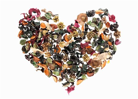 pot-pourri - Beautiful heart made of petals, leaves, flowers (isolated on white background) Fotografie stock - Microstock e Abbonamento, Codice: 400-06068390