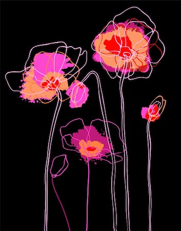 simsearch:400-08572511,k - Pink poppies on black background. Vector illustration Photographie de stock - Aubaine LD & Abonnement, Code: 400-06068581