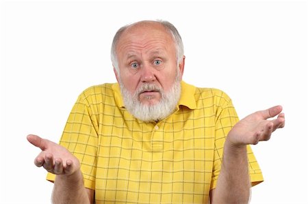 funny faces of old people - senior bald man in yellow shirt asking what's going on Stock Photo - Budget Royalty-Free & Subscription, Code: 400-06068869