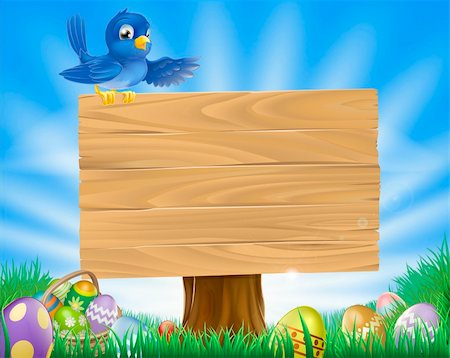 A bluebird Easter cartoon background. Blue bird sits atop  a rustic wooden sign in field of grass with Easter eggs and Easter egg basket. Stockbilder - Microstock & Abonnement, Bildnummer: 400-06069343